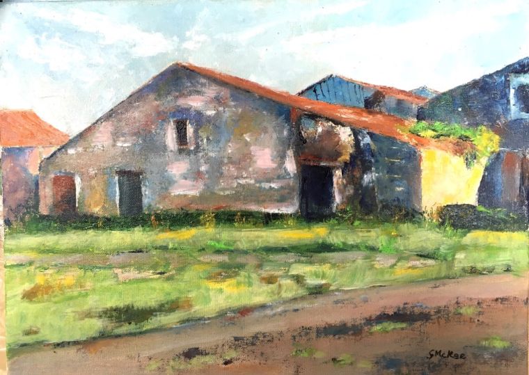 An oil painting by Grace McKee of a stone house with an orange roof in France.