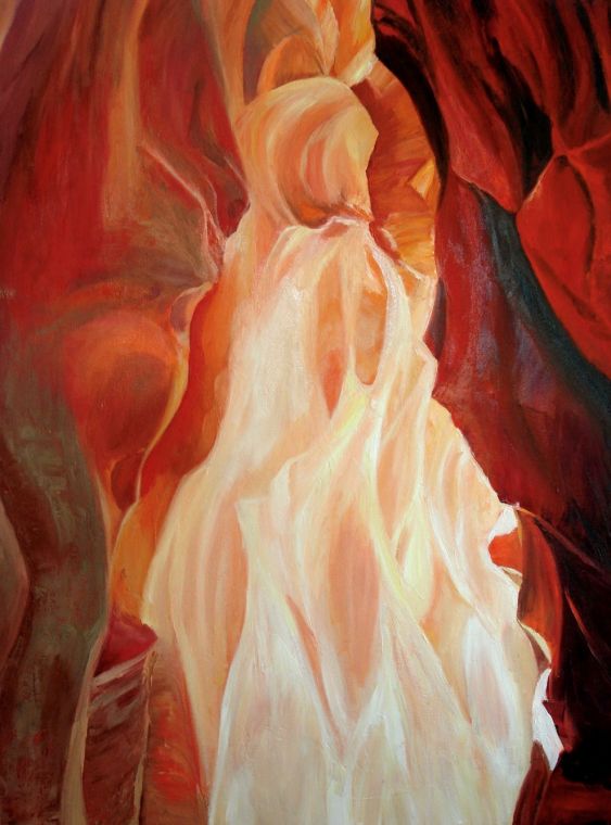 An oil painting by Grace McKee of light in a red slot canyon.