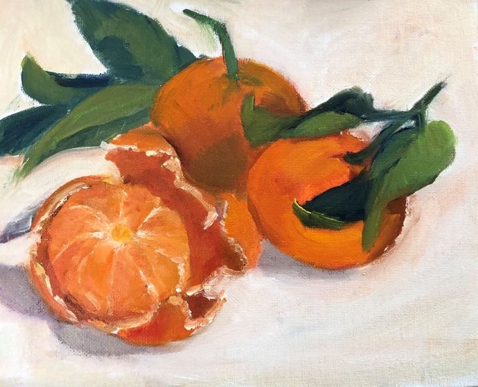 An oil painting by Grace McKee of clementines with leaves.