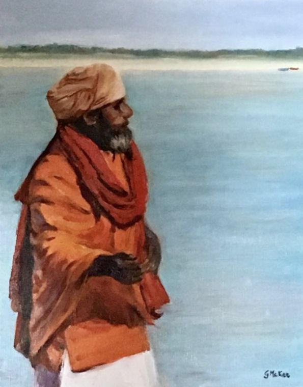 An oil painting by Grace McKee of a robed figure standing before pale water.