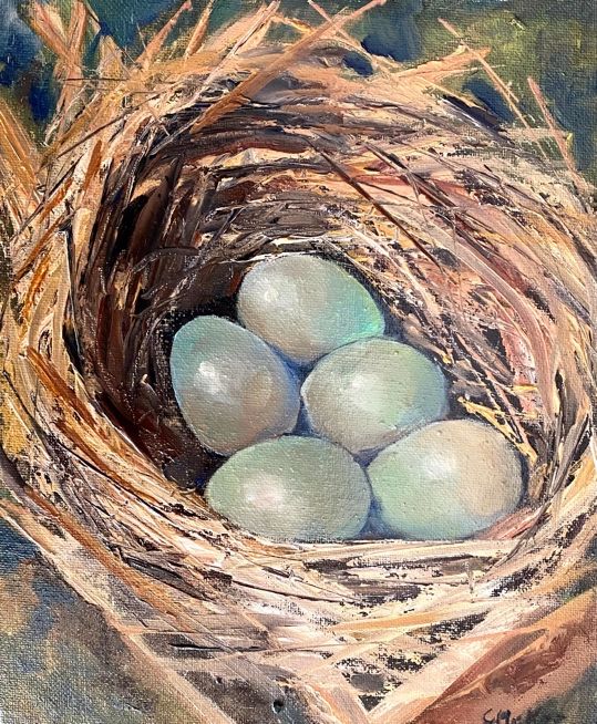 An oil painting by Grace McKee of pale blue eggs in a woven nest.