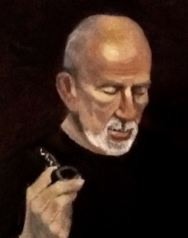 An oil portrait by Grace McKee of an older man lit from above.