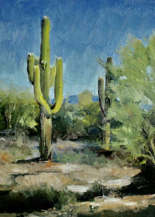 An oil painting by Grace McKee of saguaro cacti in the Arizona desert.